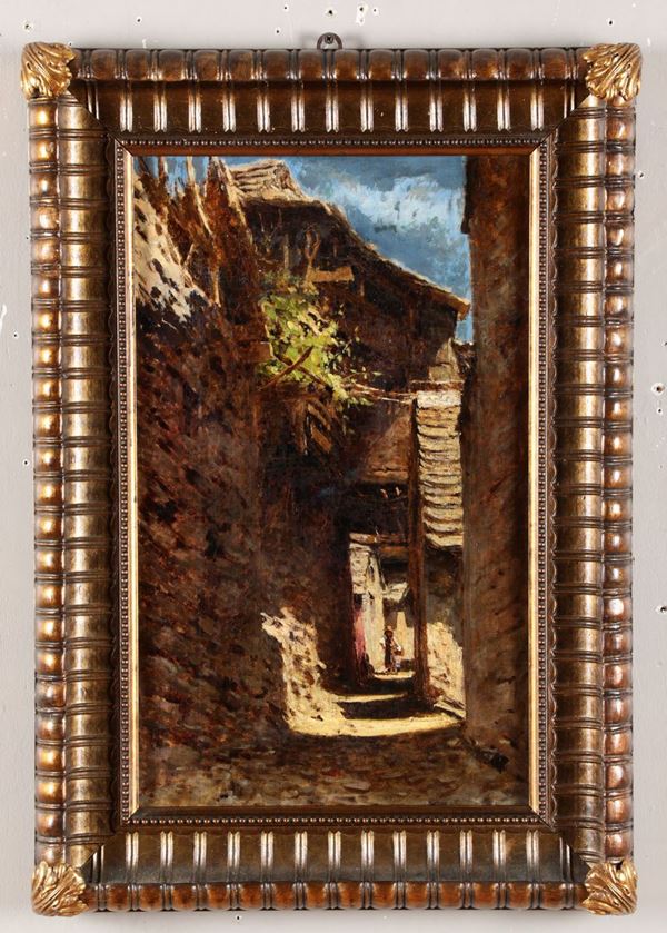 Pittore del XIX-XX secolo Paesaggio di paese montano