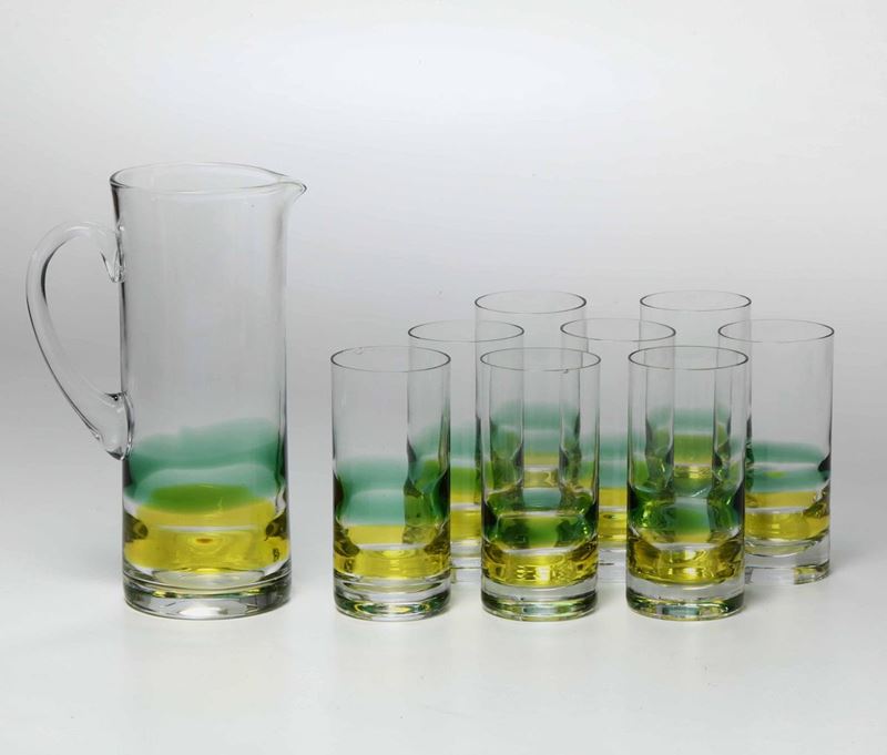 Set composto da una caraffa e otto bicchieri in vetro di Murano.  - Auction Design Lab - Cambi Casa d'Aste