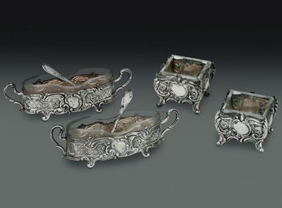 Set Saliere e Formaggiere in Argento e Vetro. Argenteria Artistica Italiana, Inizi XX Secolo