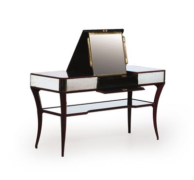 Toilette con Struttura in Legno, Dettagli in Ottone e Rivestimenti e Piano in Vetro Specchiato. S...