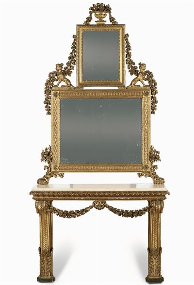 Consolle con Specchiera in Legno Intagliato e Dorato, XVIII Secolo