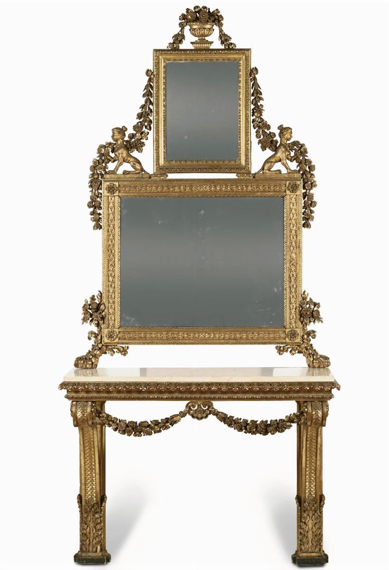 Consolle con specchiera in legno intagliato e dorato, XVIII secolo  - Asta Antiquariato - Cambi Casa d'Aste