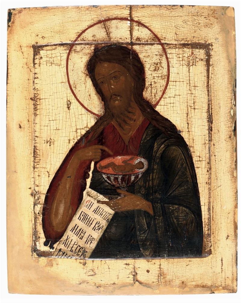 Icona raffigurante “San Giovanni Battista con il mistico calice”, Russia XVII-XVIII secolo  - Asta Antiquariato - Cambi Casa d'Aste