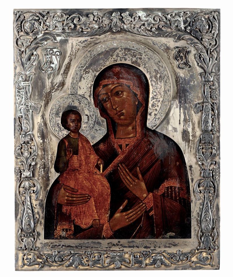 Icona raffigurante “Madonna delle tre mani” con riza in argento, Russia inizio XX secolo  - Asta Antiquariato - Cambi Casa d'Aste