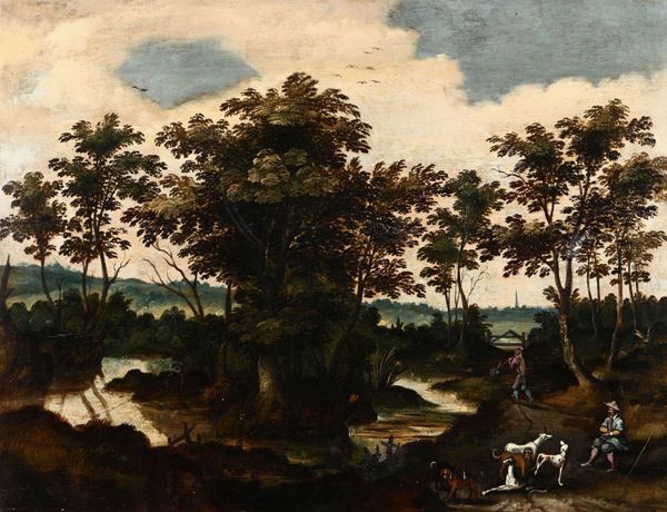Scuola fiamminga del XVII secolo Paesaggio con viandanti