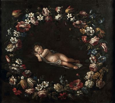 Scuola del XVII Secologesù Dormiente Entro Ghirlanda Fiorita