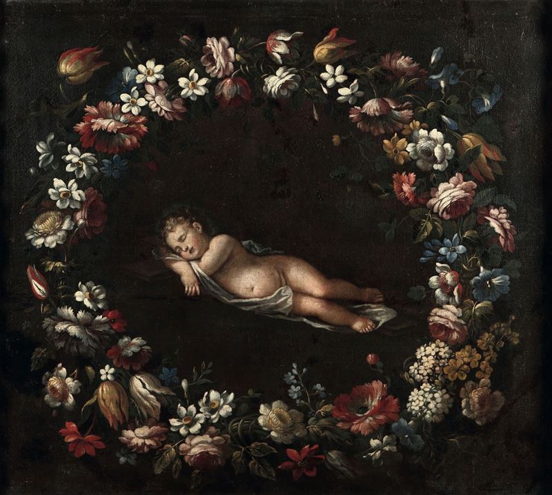 Scuola del XVII secolo Gesù dormiente entro ghirlanda fiorita  - Auction Fine Art - Cambi Casa d'Aste