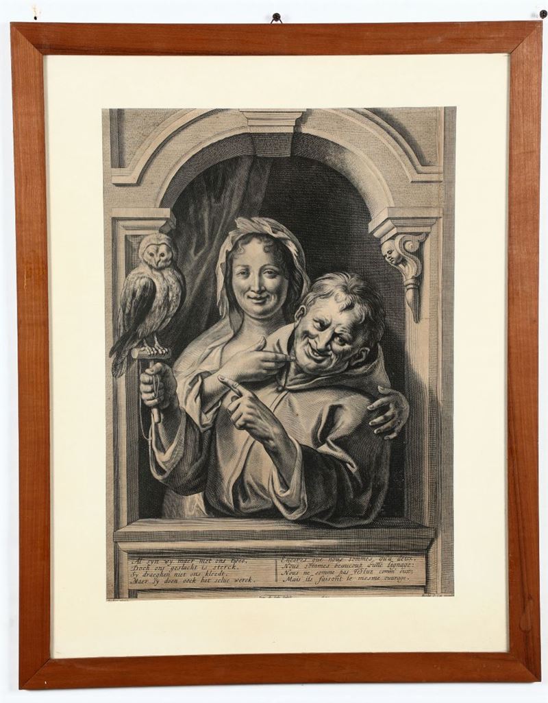 Pieter De Jode - Nicolas Le Cat Ritratti allegorici con civetta...Anversa, XVII.  - Auction Engravings, Views, Maps and Rare Books - Cambi Casa d'Aste