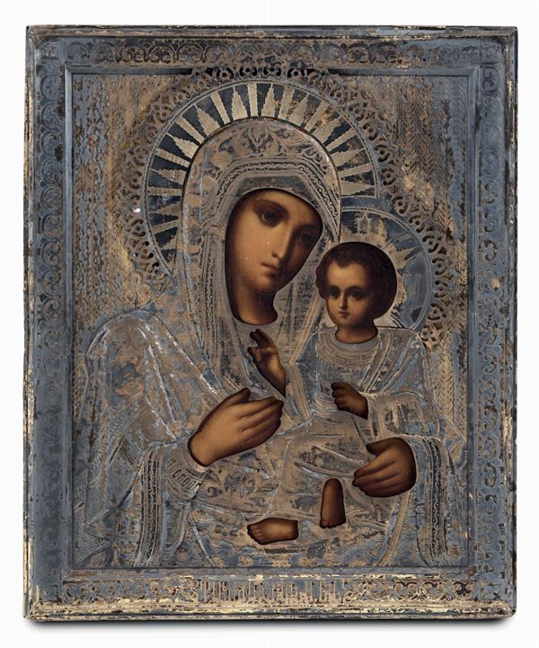 Icona raffigurante Madonna con Bambino con riza in argento, XIX secolo