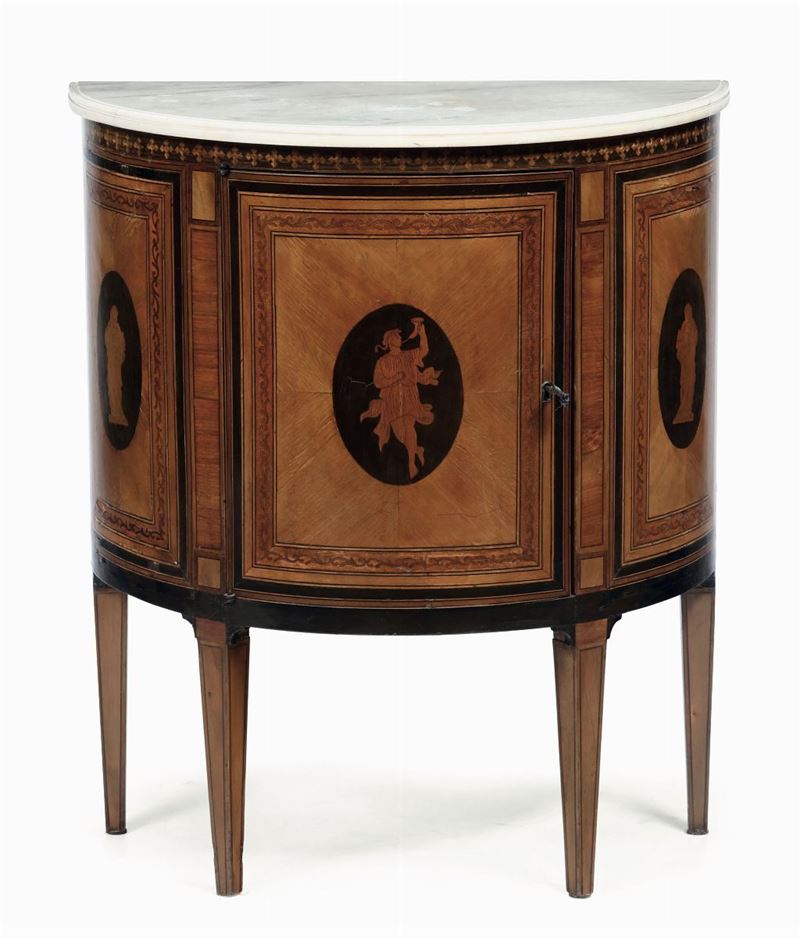 Credenzino demi-lune in legno lastronato ed intarsiato, Piemonte XVIII secolo  - Auction Fine Art - Cambi Casa d'Aste