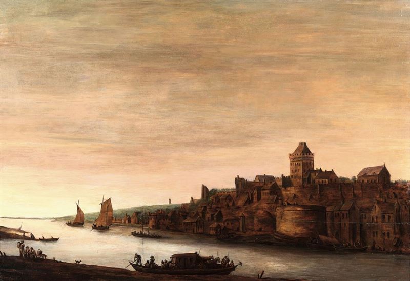 Scuola olandese del XIX secolo Paesaggio fluviale con architetture e imbarcazioni  - Asta Antiquariato - Cambi Casa d'Aste