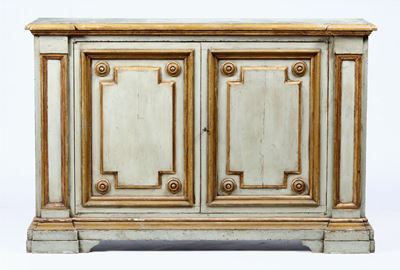 Credenza a Due Ante in Legno Dipinto nei Toni del Verde Chiaro e Ocra