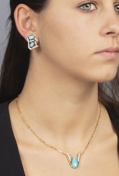 Demi-parure Composta da Collana ed Orecchini con Turchesi e Diamanti
