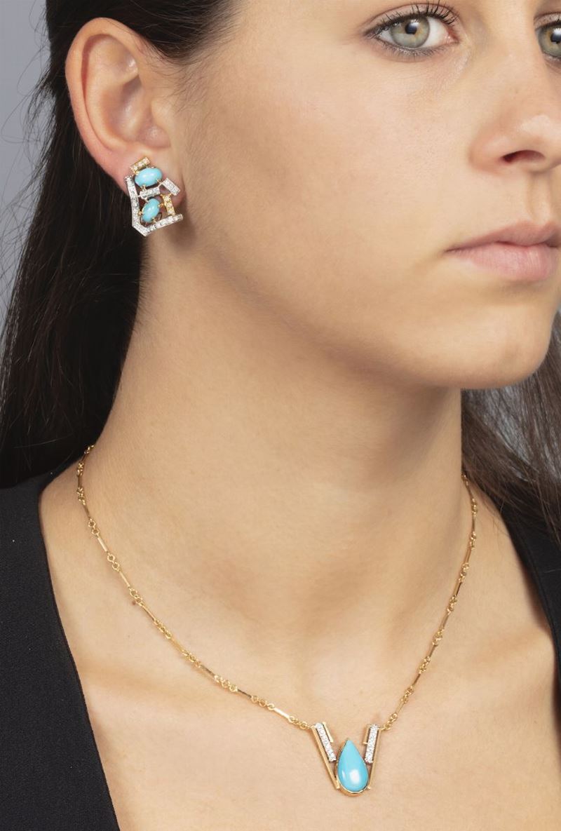 Demi-parure composta da collana ed orecchini con turchesi e diamanti  - Auction Jewels and Corals | Time Auction - Cambi Casa d'Aste