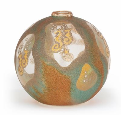 Anzolo Fuga, SALIR, vaso a sfera in vetro soffiato con decorazione a fondo marino policroma