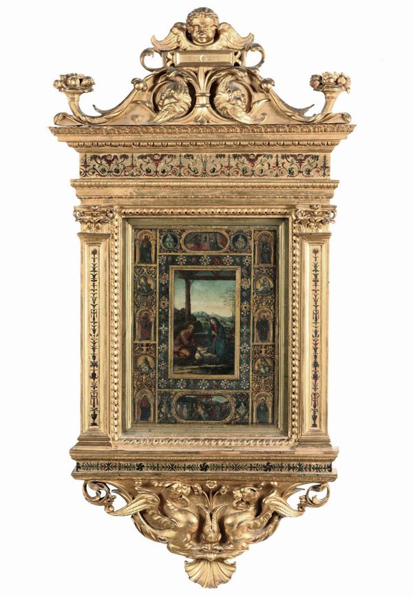 Sinibaldo Ibi - Sinibaldo Ibi (Perugia 1475 ca.-1550) Sacra Famiglia in paesaggio con cornice dipinta