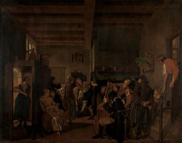 Scuola fiamminga del XVII secolo Interno di locanda con suonatori