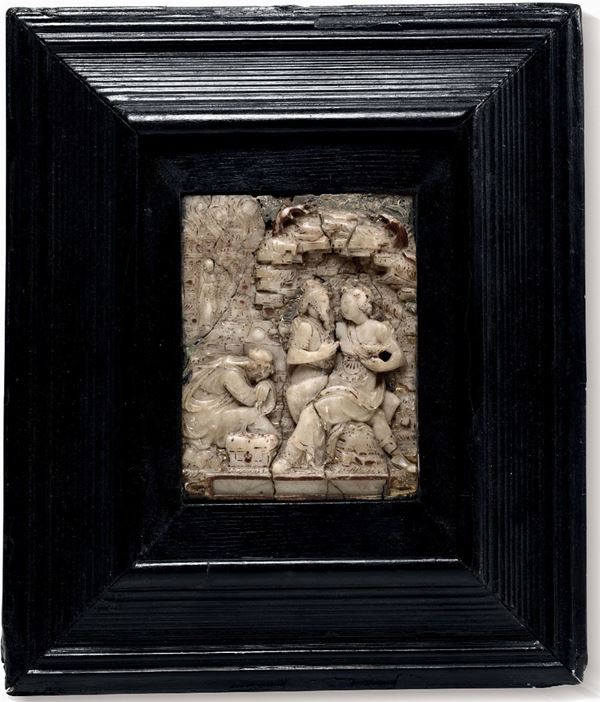 Scena biblica. Rilievo in alabastro con lumeggiature in oro. Malines XVII secolo