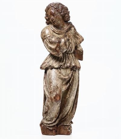 Angelo in Legno Scolpito con Tracce di Policromia, Scultore Barocco del XVII-XVIII Secolo