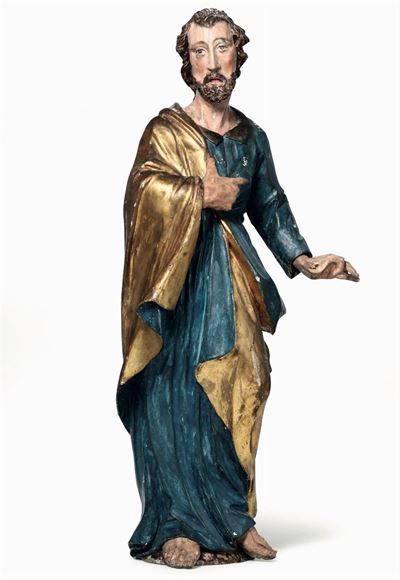 Apostolo in Legno Scolpito, Dipinto e Dorato, Germania Probabile Fine XVIII Secolo