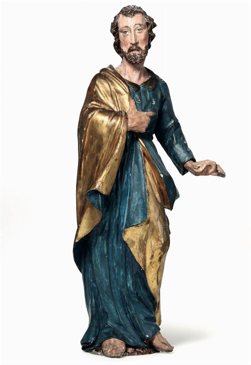 Apostolo in legno scolpito, dipinto e dorato, Germania probabile fine XVIII secolo  - Asta Antiquariato - Cambi Casa d'Aste