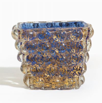Ercole Barovier, Barovier & Toso, Vaso troncopiramidale in vetro sommerso blu e cristallo, foglia...