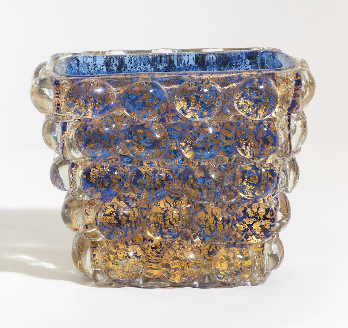 Ercole Barovier, Barovier & Toso, Vaso troncopiramidale in vetro sommerso blu e cristallo, foglia...
