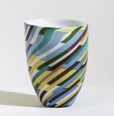 Laura De Santillana, Vaso troncoconico Venini in vetro incamiciato con decoro a tessere policrome...