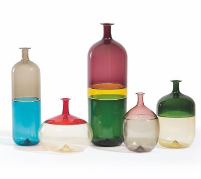 Tapio Wirkkala, Serie Bolle per Venini, Bottiglie in vetro soffiato a incalmo (Murano), 1988 ca.