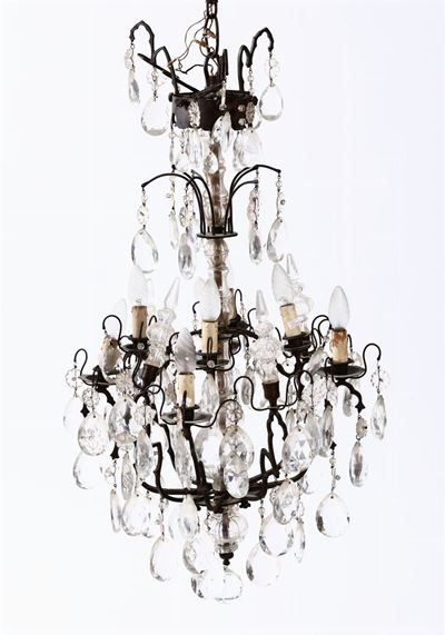 Lampadario a Otto Luci in Bronzo e Cristalli, XIX-XX Secolo