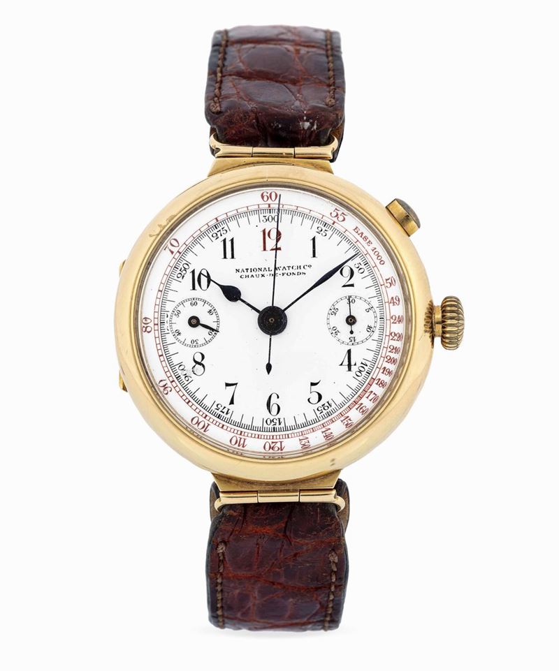 NATIONAL WATCH C° CHAUX DE FONDS - Yellow gold chronograph with red tachymeter scale.  - Auction Important Wristwatches and Pocket Watches - Cambi Casa d'Aste