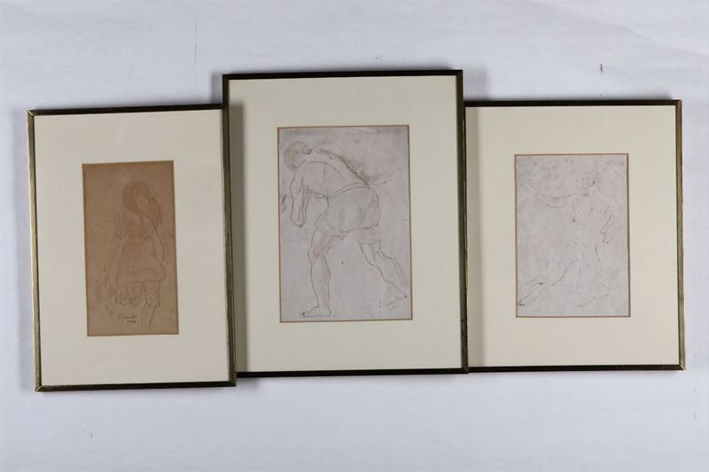 Lotto di tre disegni in cornice con firma di difficile lettura (s.Caselli?)  - Asta Arredi, Dipinti e Oggetti d'Arte - Cambi Casa d'Aste