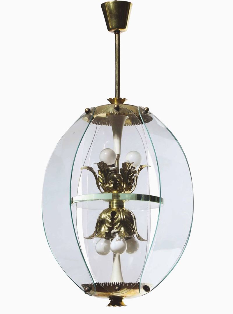 Lampada a sospensione con struttura in ottone e diffusori in vetro molato.  - Auction Design - Cambi Casa d'Aste