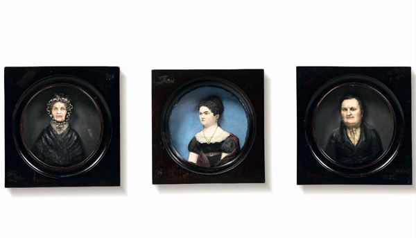 Franz Xaver Heuberger (1791 - 1854). Tre ritratti in cera policroma entro cornici in legno ebanizzato. Svizzera prima metà del XIX secolo