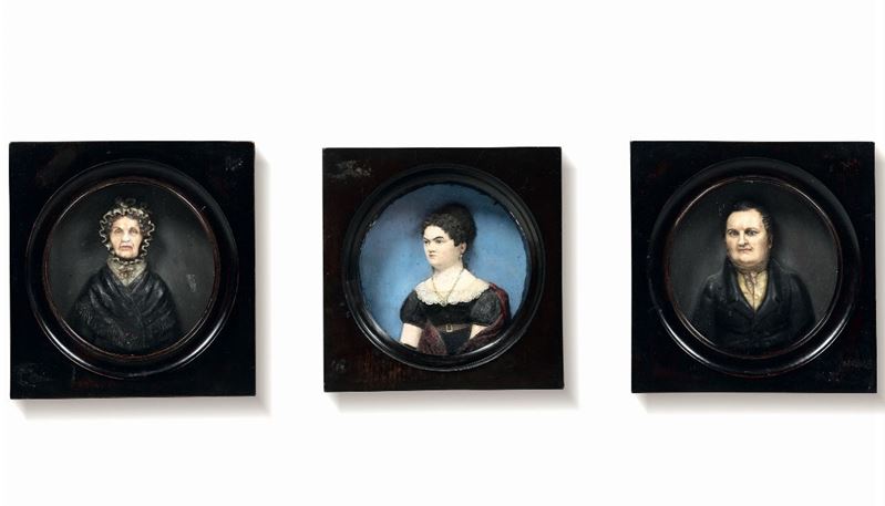 Franz Xaver Heuberger (1791 - 1854). Tre ritratti in cera policroma entro cornici in legno ebanizzato. Svizzera prima metà del XIX secolo  - Asta Scultura e Oggetti d'Arte - Cambi Casa d'Aste