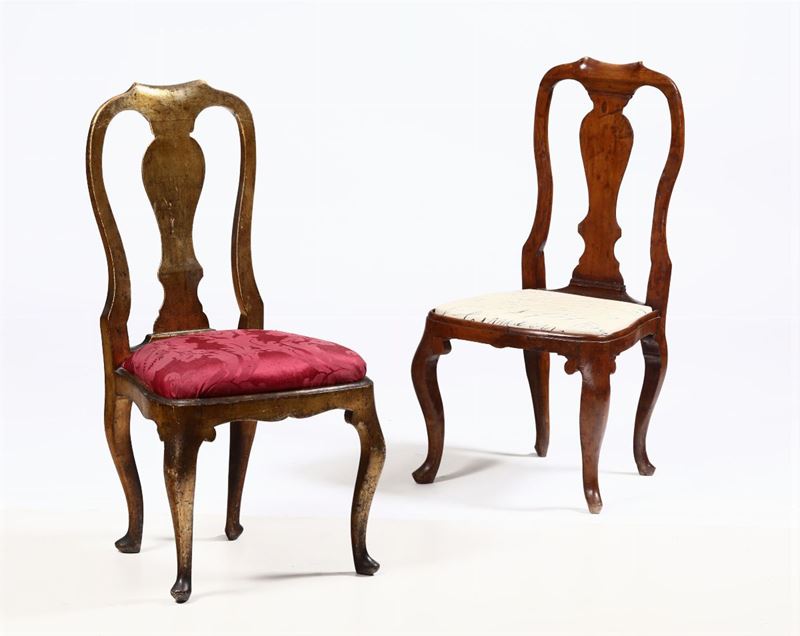 Due sedie con schienale a cartella, Veneto metÃ  XVIII secolo  - Asta Arredi, Dipinti e Oggetti d'Arte - Cambi Casa d'Aste