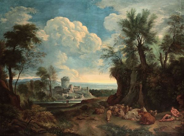 Carlo Antonio Tavella (Milano 1668 - Genova 1738) Scena campestre con pastore e armenti
