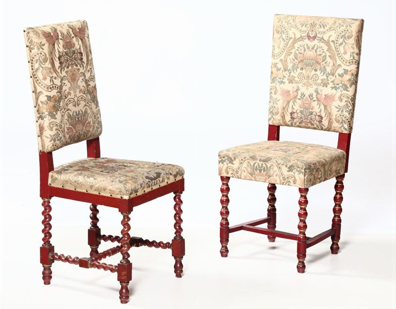 Coppia di sedie a rocchetto in legno dipinto, XIX-XX secolo  - Asta Arredi, Dipinti e Oggetti d'Arte - Cambi Casa d'Aste