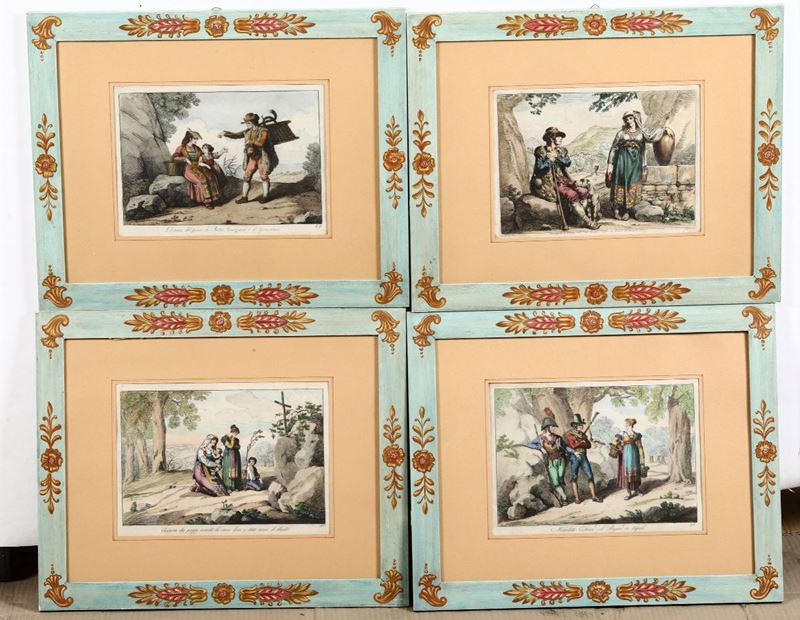 Quattro stampe acquerellate, XIX secolo  - Asta Arredi, Dipinti e Oggetti d'Arte - Cambi Casa d'Aste