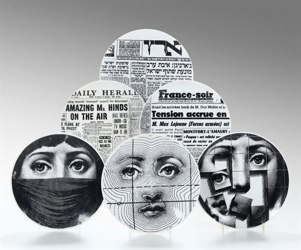 Set of six P. Fornasetti, dishes, Italy, 1960 ca.