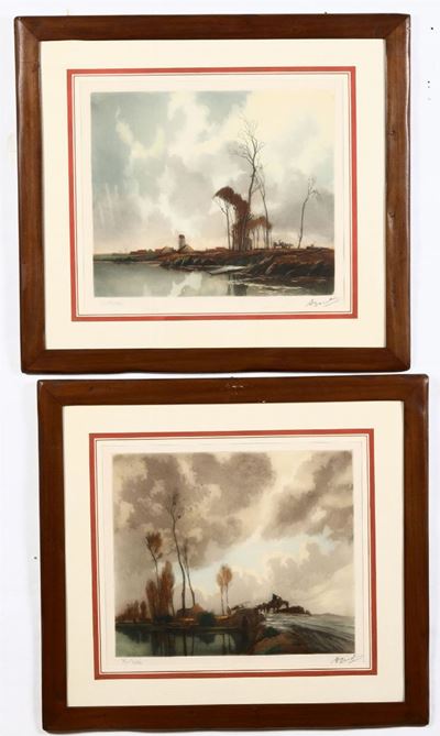 Coppia di Stampe Acquerellate Raffiguranti Paesaggi, XIX-XX Secolo