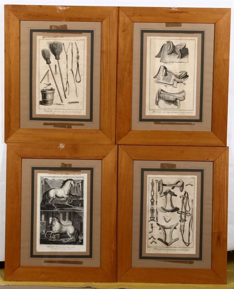 Quattro stampe raffiguranti cavalli e attrezzature da maneggio, Francia XVIII-XIX secolo  - Asta Arredi, Dipinti e Oggetti d'Arte - Cambi Casa d'Aste