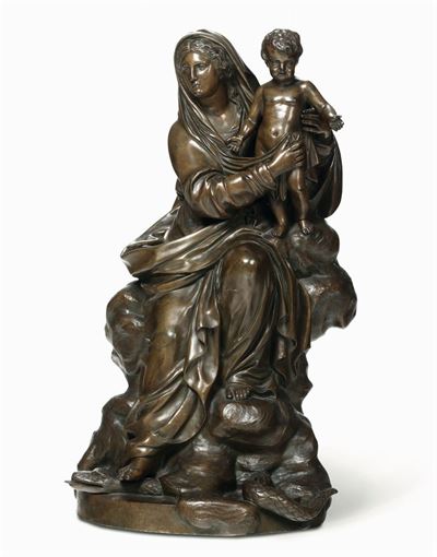 Scultura in Bronzo Raffigu Rante Madonna con Bambino, XIX Secolo, Firmata Delus