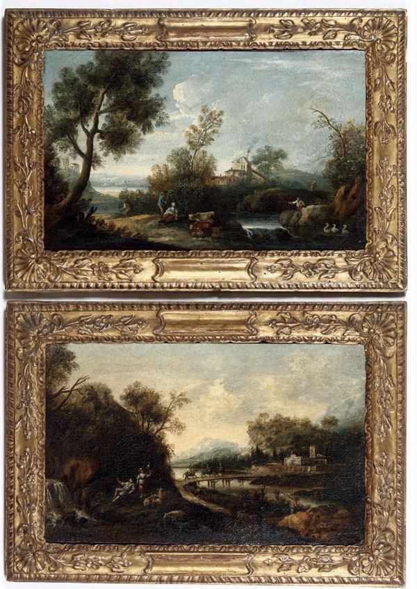 Scuola veneta del XVIII secolo Paesaggi con viandanti e pastori