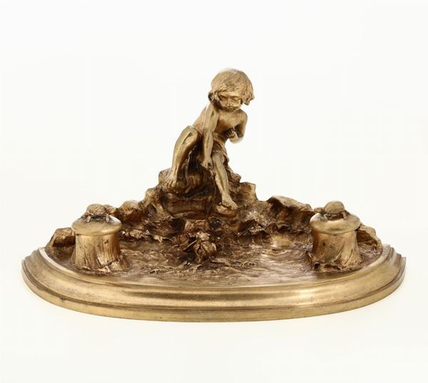 Calamaio in bronzo dorato, firmato Ch. Louchet, XIX-XX secolo