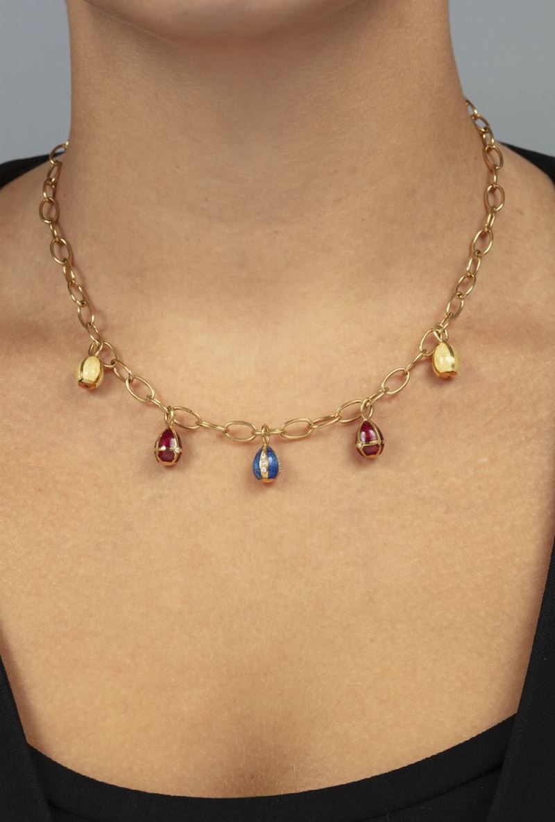 Enamel, diamond and gold necklace. Signed Fabergé  - Auction Jewels - Cambi Casa d'Aste