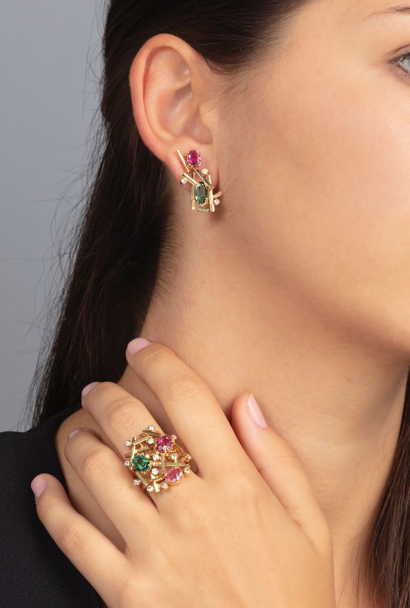 Demi-parure composta da anello ed orecchini con tormaline e diamanti  - Auction Jewels - Time Auction - Cambi Casa d'Aste