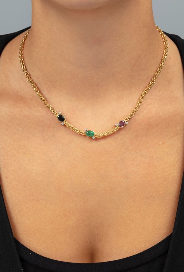Sapphire, emerald, ruby, diamond and gold necklace