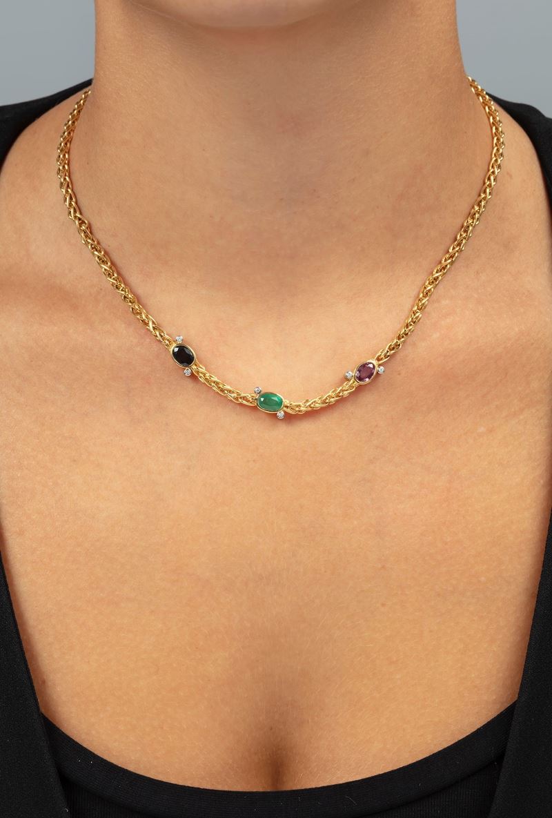 Sapphire, emerald, ruby, diamond and gold necklace  - Auction Jewels - Cambi Casa d'Aste