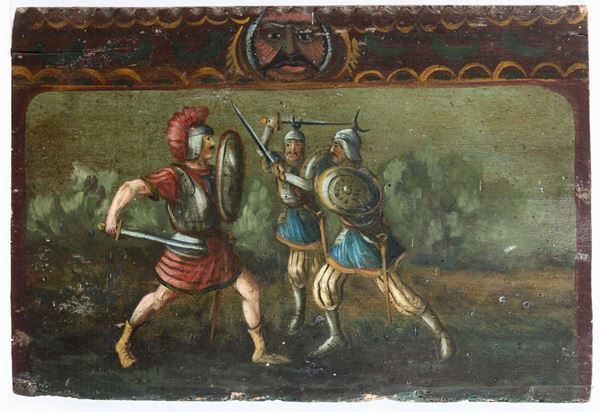 Due pannelli di carretto siciliano in legno dipinto